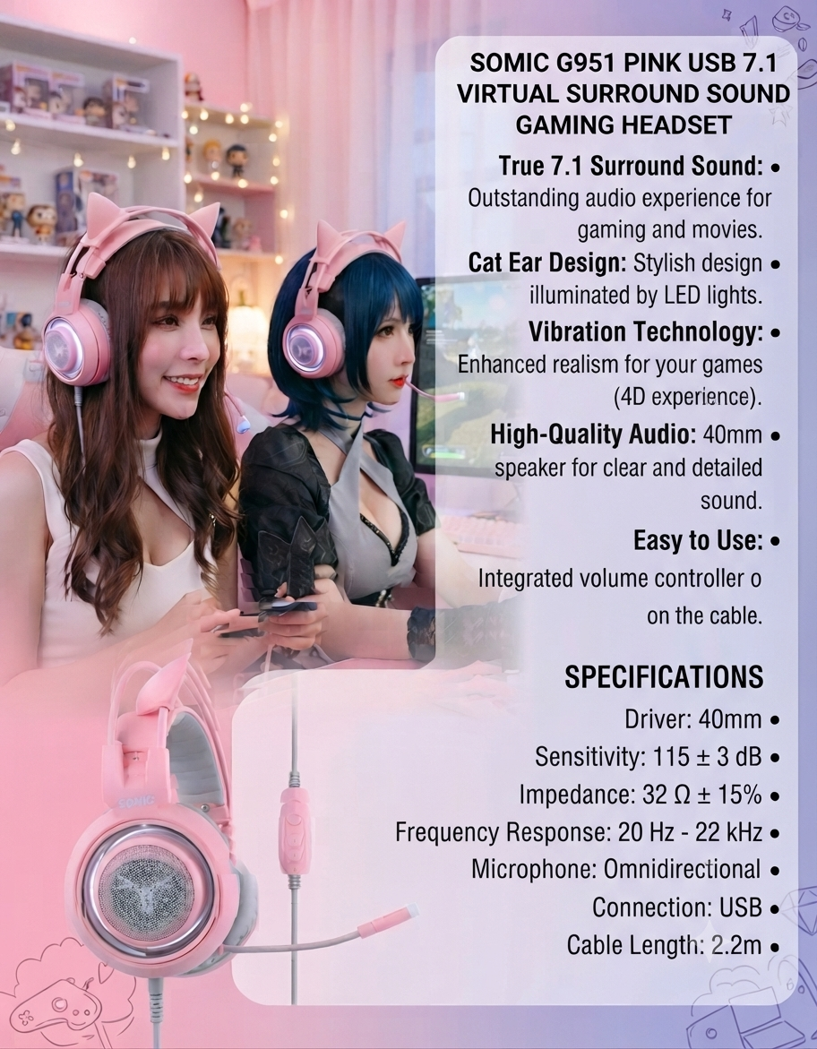 G951 Gaming Headset USB 7.1 Virtual Surround Sound Headsets LED Cat Ear Headphones