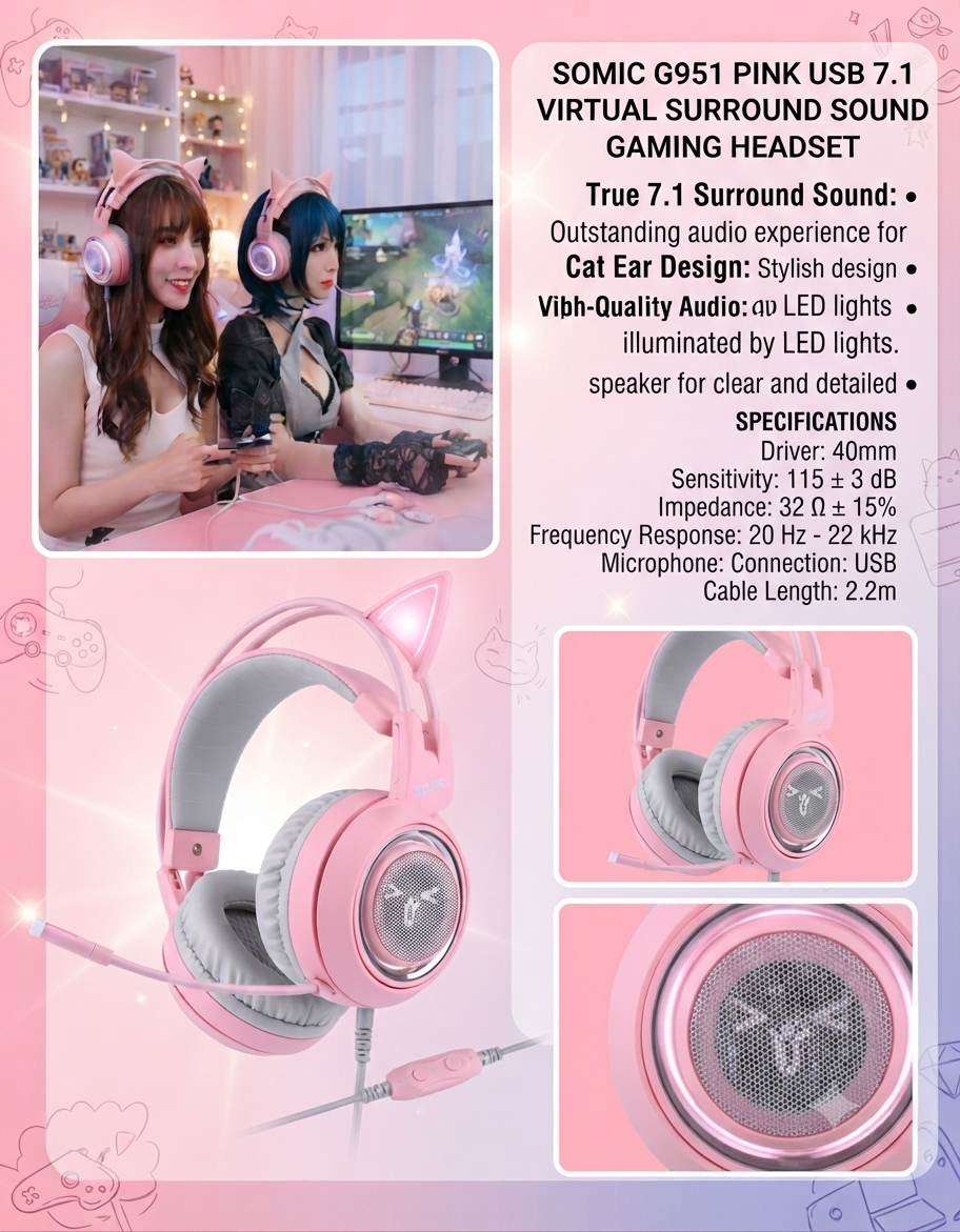 G951 Gaming Headset USB 7.1 Virtual Surround Sound Headsets LED Cat Ear Headphones